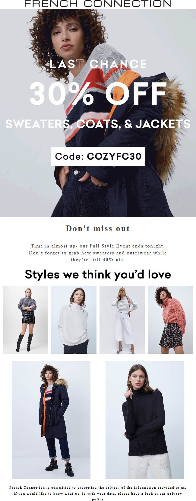 French Connection stores Coupon  30% off outerwear today at French Connection via promo code COZYFC30 #frenchconnection 