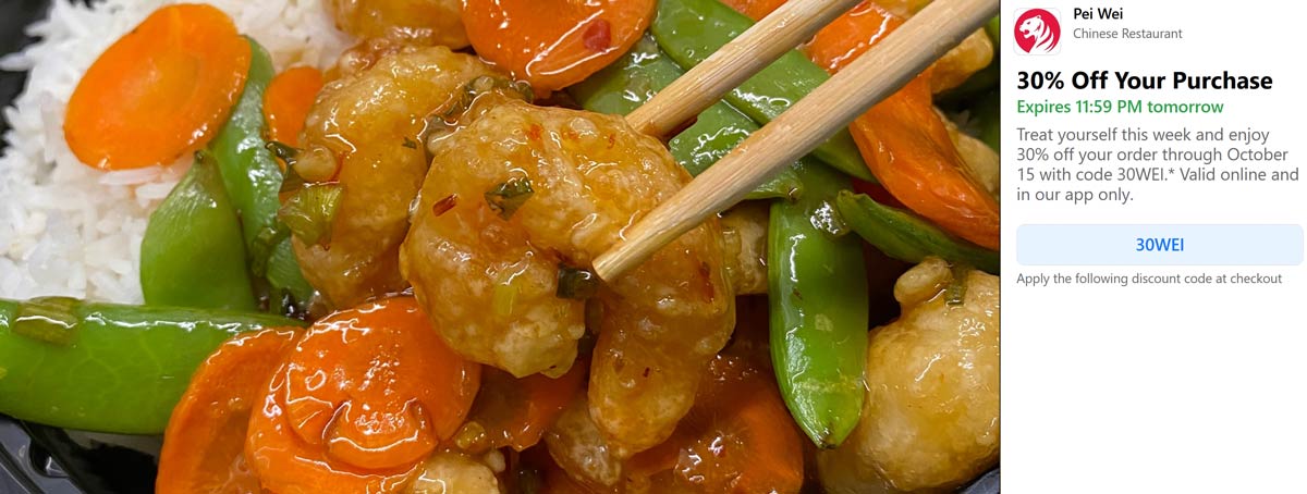 Pei Wei restaurants Coupon  30% off at Pei Wei Chinese restaurants via promo code 30WEI #peiwei 