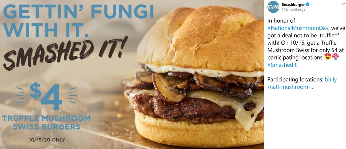 Smashburger stores Coupon  $4 truffle mushroom swiss cheeseburgers Thursday at Smashburger #smashburger 