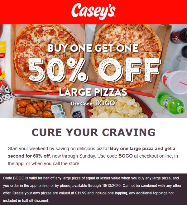 Caseys restaurants Coupon  Second pizza 50% off at Caseys gas stations via promo code BOGO #caseys 