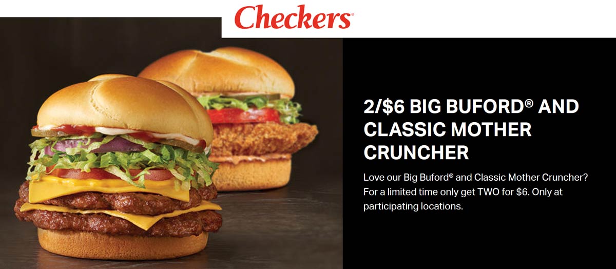 Checkers restaurants Coupon  Two double cheeseburgers or chicken sandwiches for $6 at Checkers & Rallys #checkers 