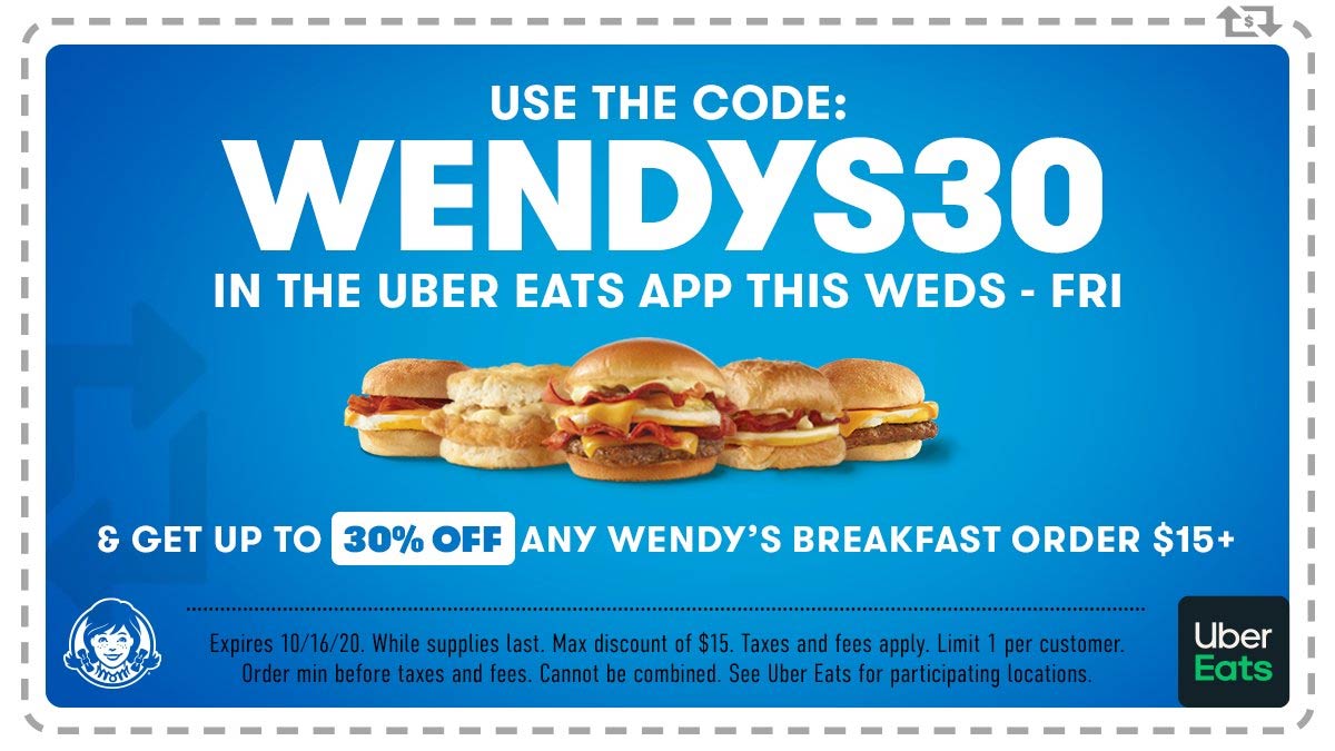 Wendys restaurants Coupon  30% off breakfast orders $15+ via delivery at Wendys & promo code WENDYS30 #wendys 