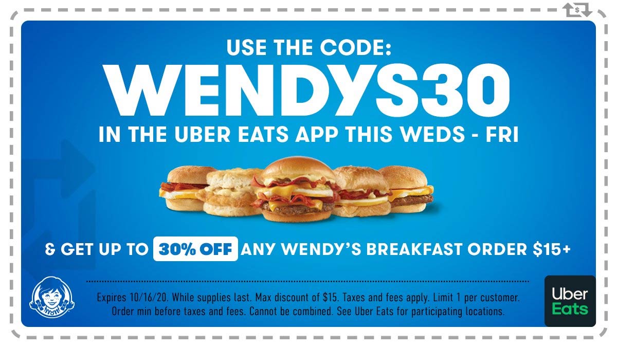 30 off breakfast orders 15+ via delivery at Wendys & promo code