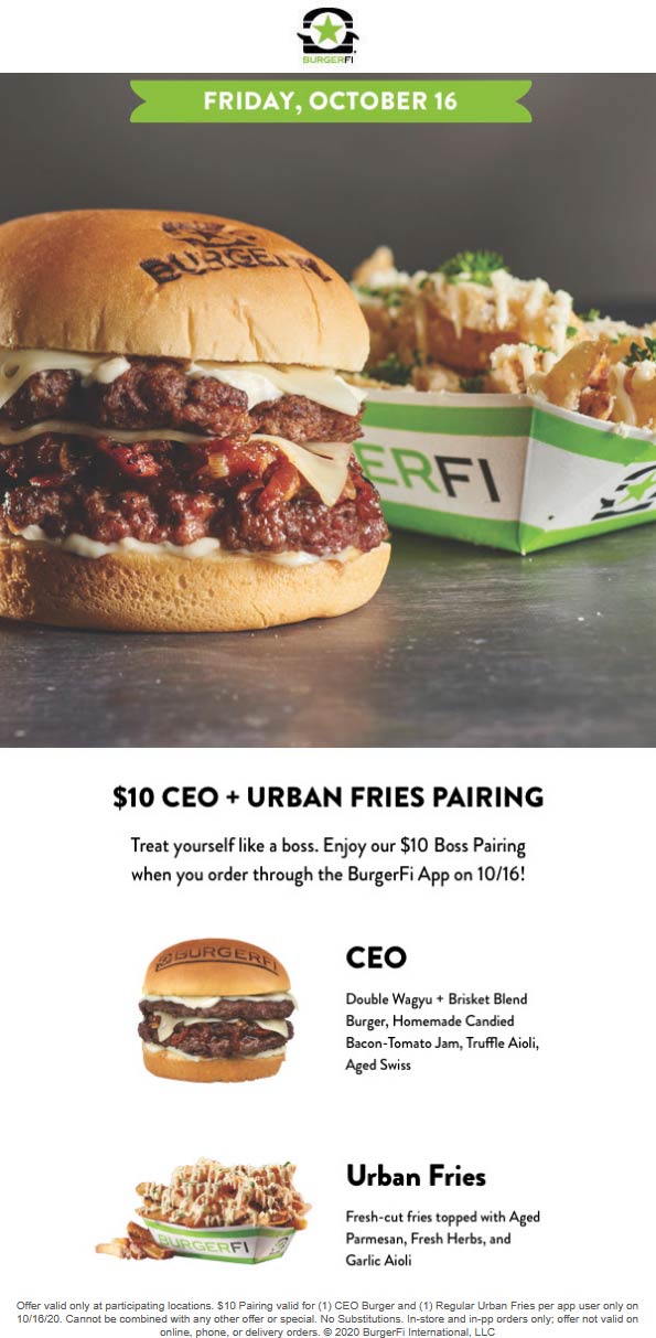 BurgerFi restaurants Coupon  $10 CEO cheeseburger + urban fries today at BurgerFi #burgerfi 