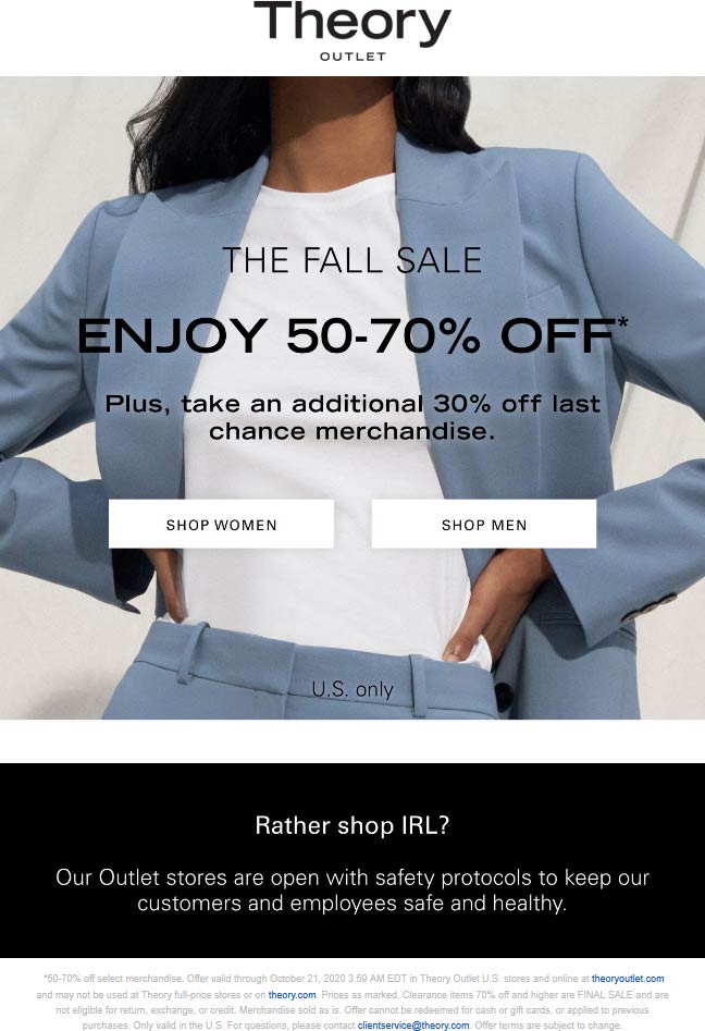 Theory Outlet stores Coupon  50-70% off at Theory Outlet, ditto online #theoryoutlet 