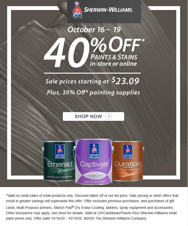 Sherwin Williams stores Coupon  40% off paints & stains at Sherwin Williams #sherwinwilliams 