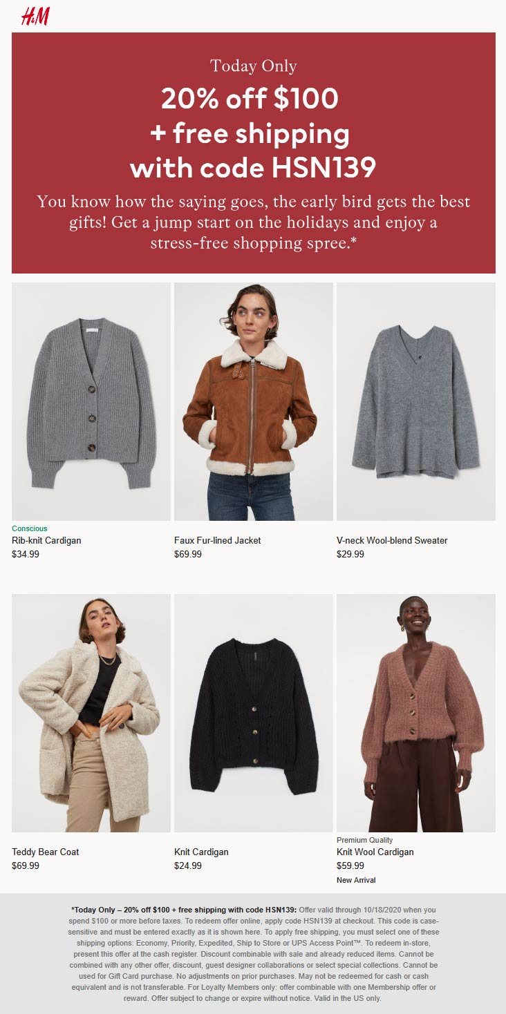 H&M stores Coupon  20% off $100 today at H&M via promo code HSN139 #hm 