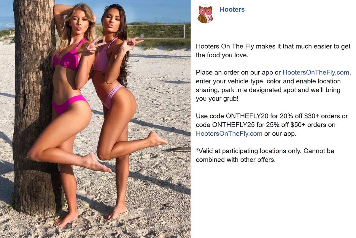 Hooters restaurants Coupon  20% off $30 & 25% off $50 at Hooters restaurants via promo code ONTHEFLY20 and ONTHEFLY25 #hooters 