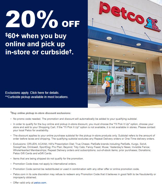Petco stores Coupon  20% off $60 at Petco when ordered online and pickup in-store #petco 