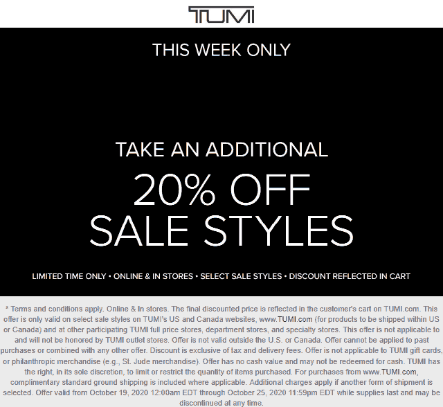 TUMI stores Coupon  Extra 20% off sale styles at TUMI, ditto online #tumi 