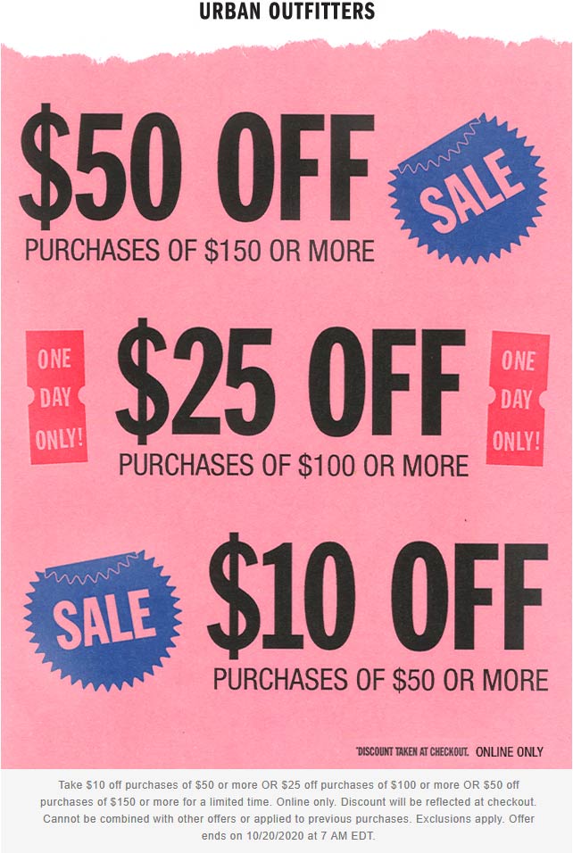 Urban Outfitters stores Coupon  $10 off $50 & more online today at Urban Outfitters #urbanoutfitters 