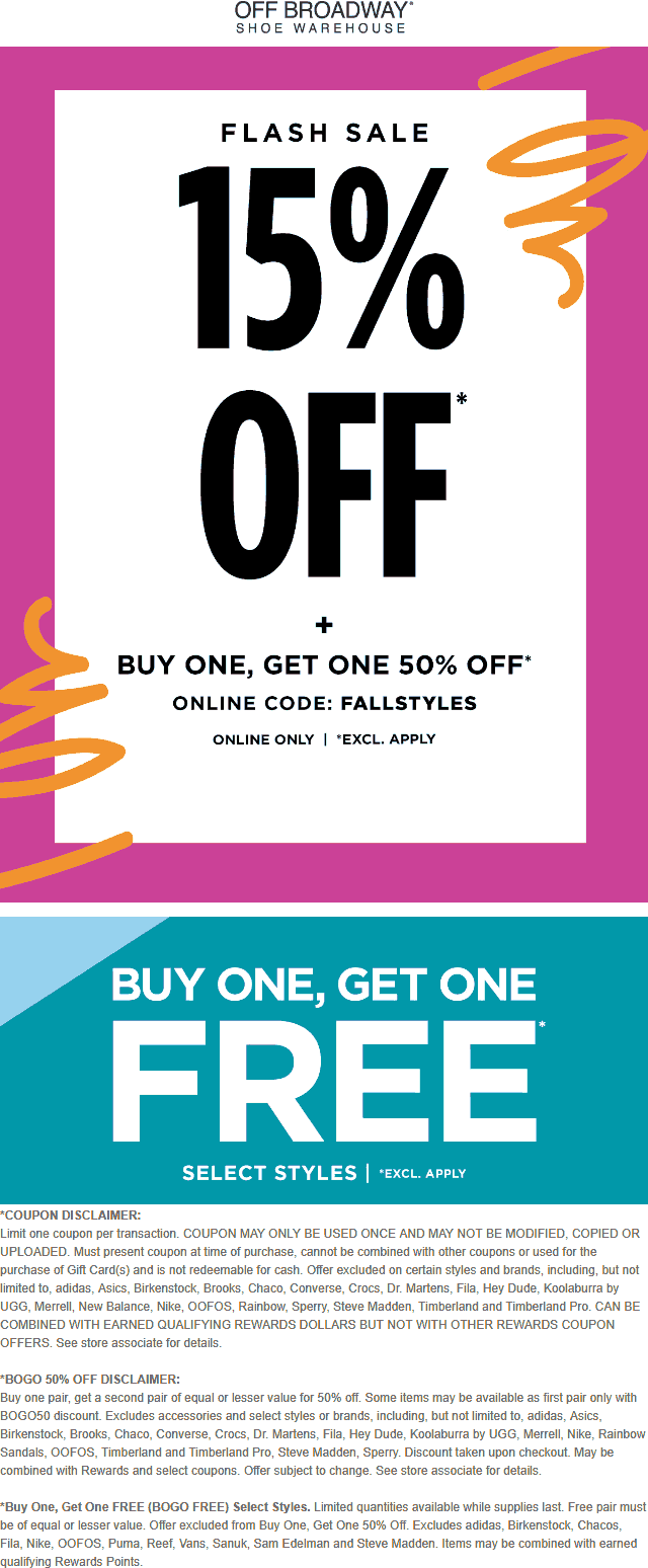 [September, 2021] 15 off + second pair 50 off at Off Broadway Shoe