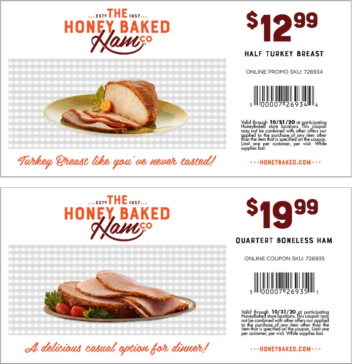 Honeybaked restaurants Coupon  $13 half turkey breast & more at Honeybaked Ham restaurants #honeybaked 