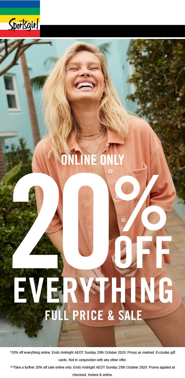 Sportsgirl stores Coupon  20% off everything online at Sportsgirl #sportsgirl 