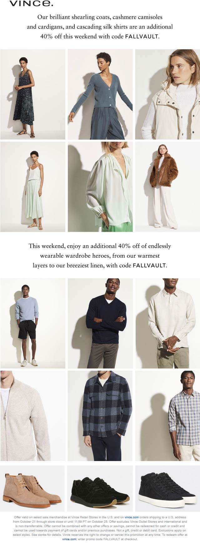 Vince stores Coupon  40% off sale items at Vince, or online via promo code FALLVAULT #vince 