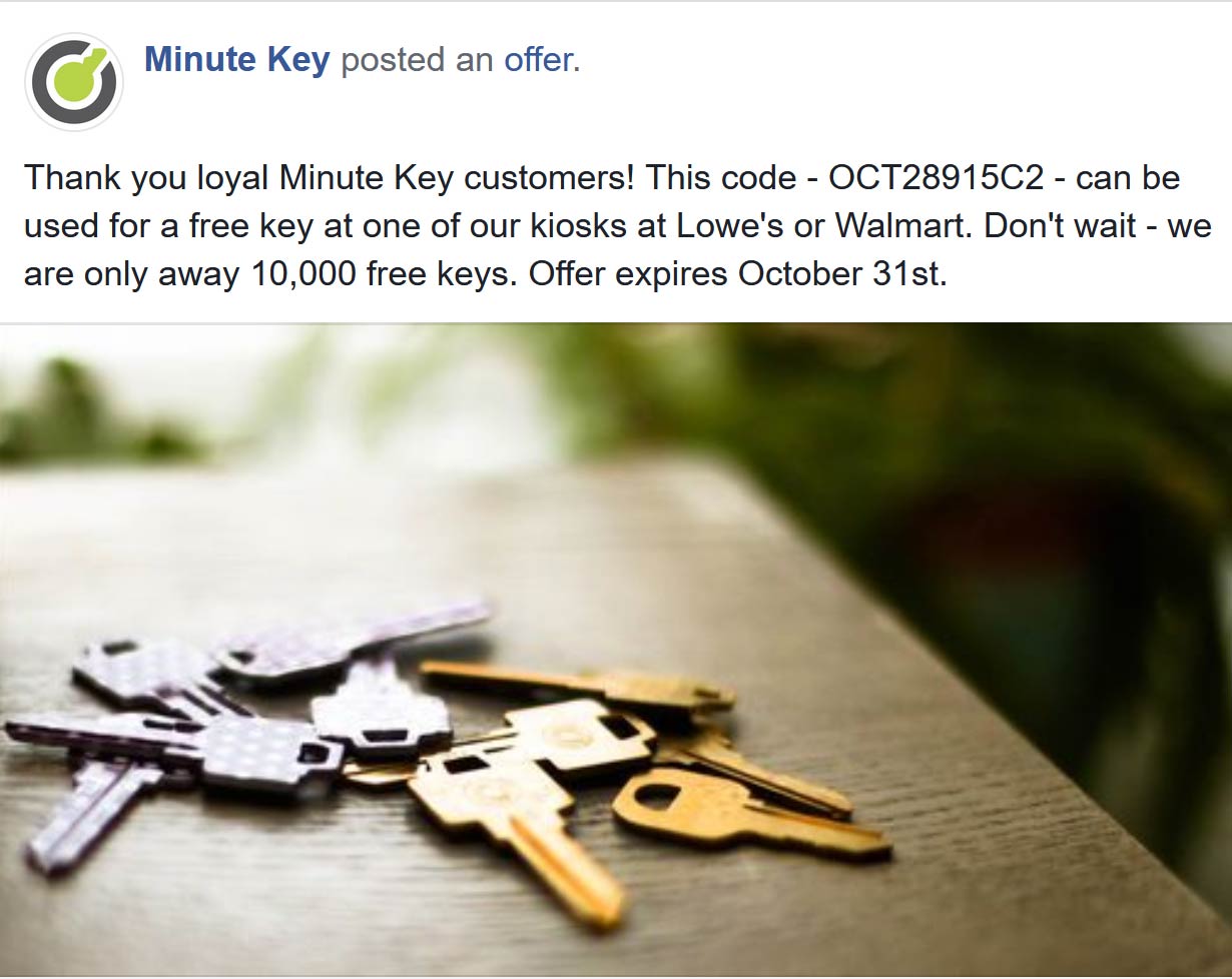 Free key duplication at Minute Key kiosks via promo code OCT28915C2 