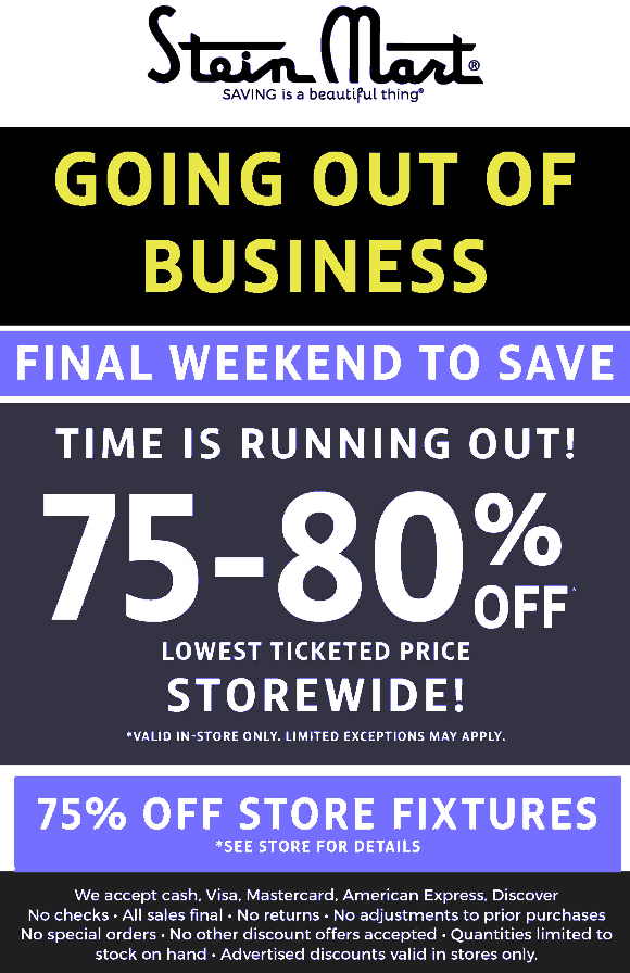 Stein Mart stores Coupon  Out-of-business 75-80% lowest price this weekend at Stein Mart #steinmart 