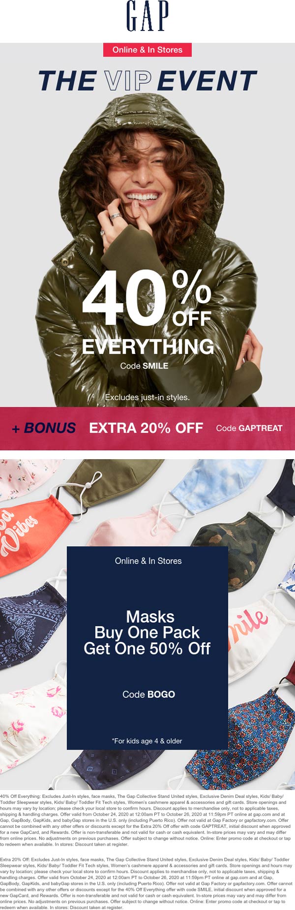 Gap stores Coupon  40% off everything at Gap, or online via promo code SMILE and GAPTREAT #gap 