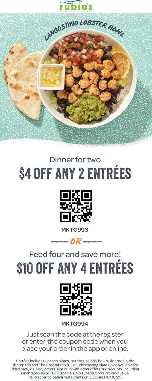 410 off your entrees at Rubios Coastal Grill rubios The Coupons App®