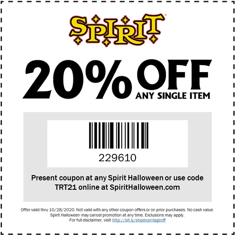 Spirit Halloween stores Coupon  20% off a single item at Spirit Halloween, or onine via promo code TRT21 #spirithalloween 