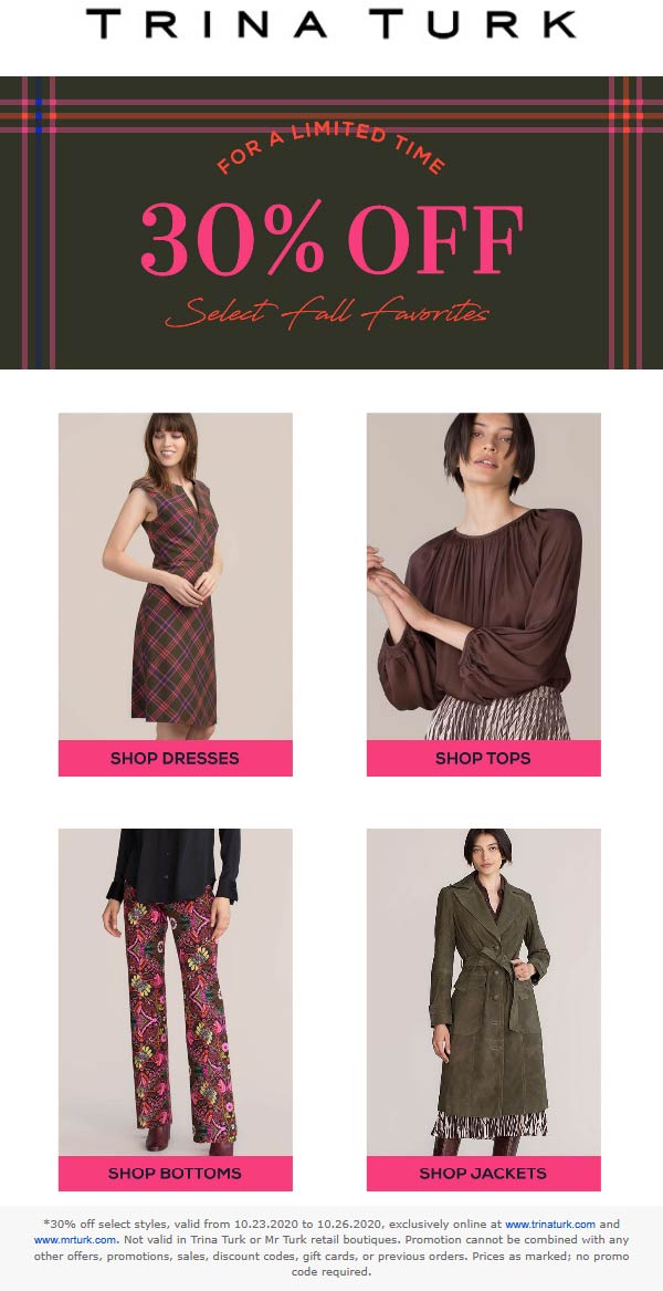Trina Turk stores Coupon  30% off Fall online at Trina Turk #trinaturk 