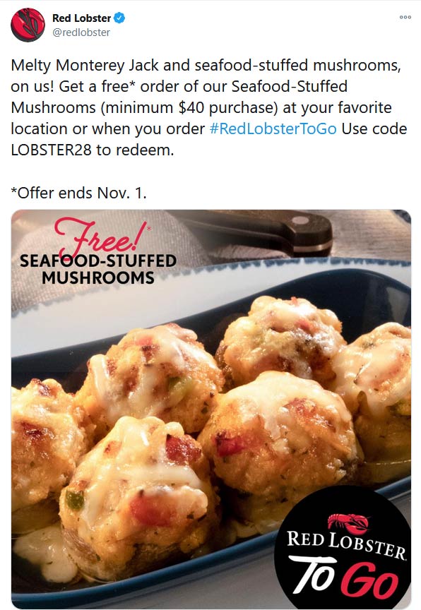 Red Lobster restaurants Coupon  Free seafood stuffed mushrooms appetizer with $40 spent at Red Lobster via promo code LOBSTER28 #redlobster 