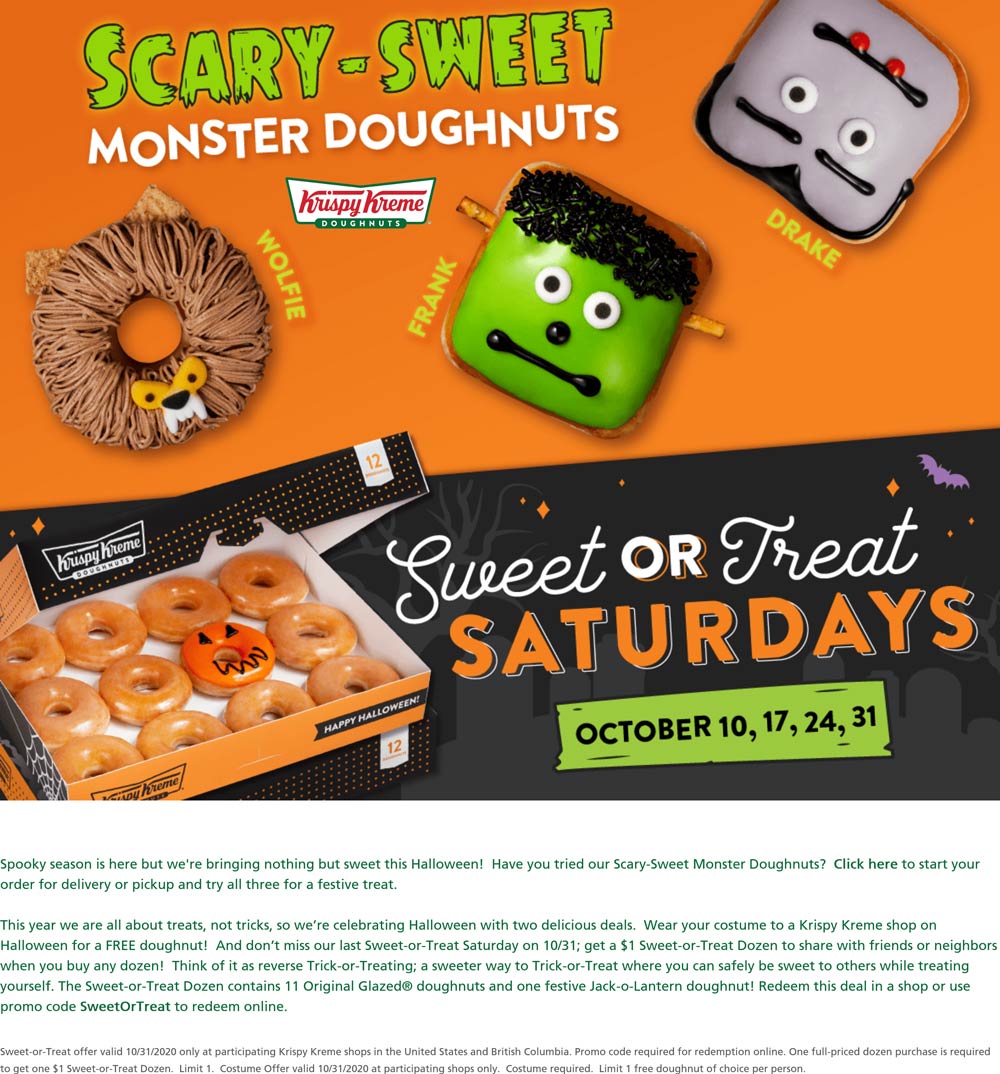 Free doughnut in costume Saturday at Krispy Kreme krispykreme The