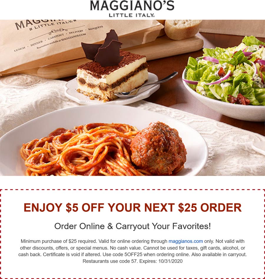 Maggianos Little Italy restaurants Coupon  $5 off $25 at Maggianos Little Italy restaurants via promo code 5OFF25 #maggianoslittleitaly 