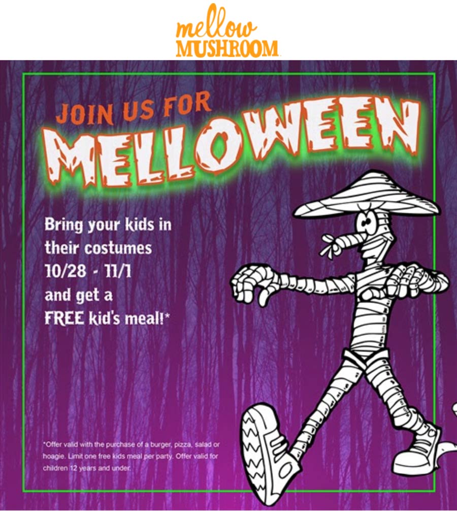 Mellow Mushroom restaurants Coupon  Free kids meal in costume at Mellow Mushroom pizza bakers #mellowmushroom 