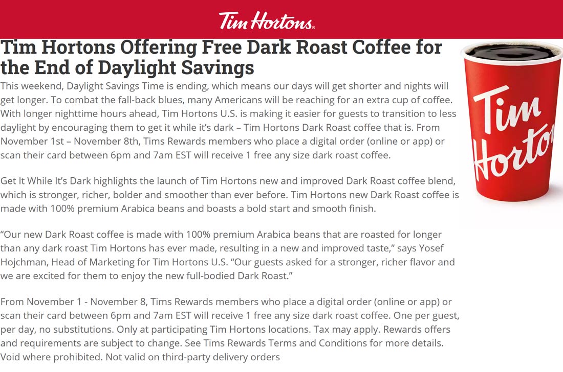 Tim Hortons restaurants Coupon  Free coffee with digital orders at Tim Hortons restaurants #timhortons 