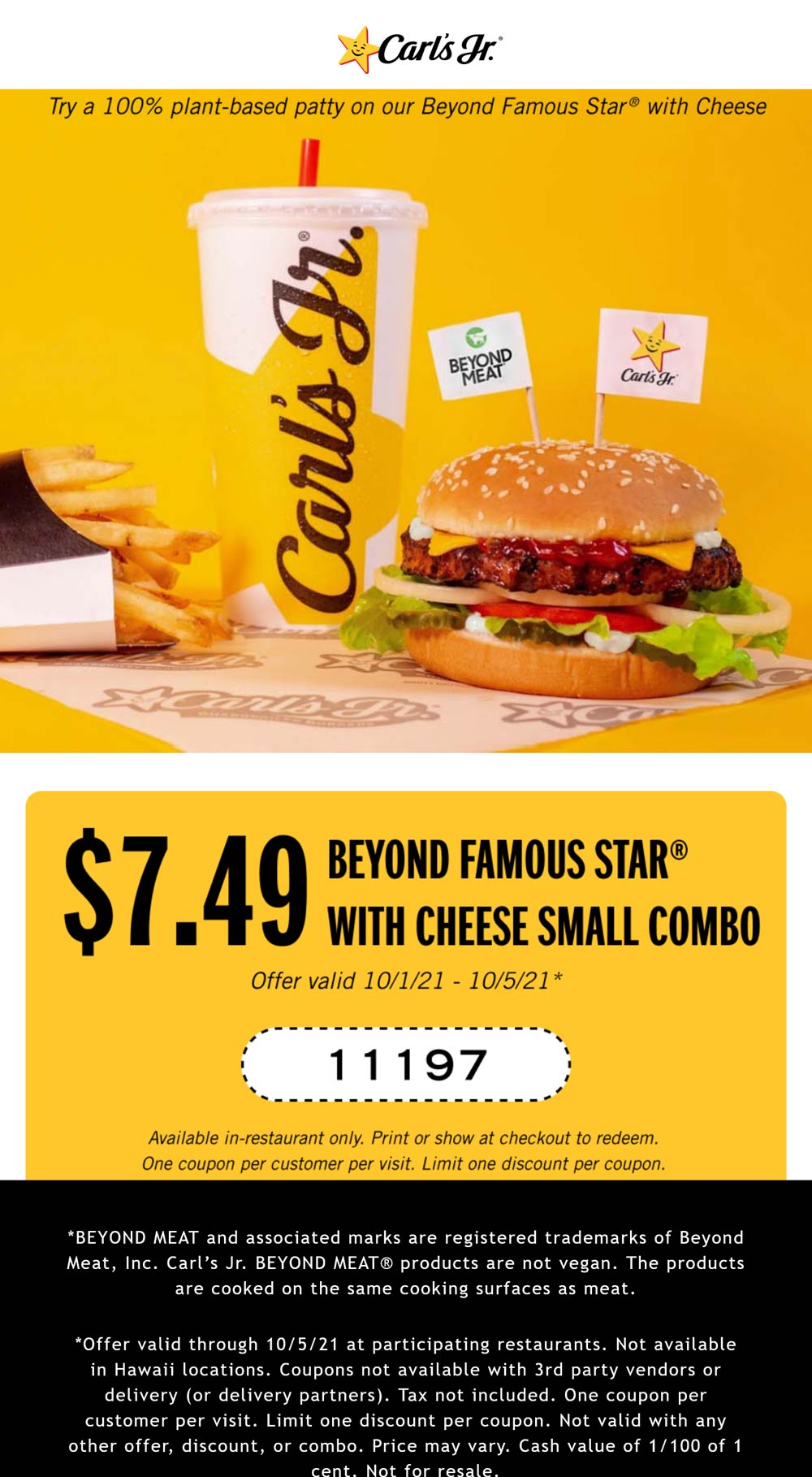 Carls Jr restaurants Coupon  Beyond meat cheeseburger meal for $8 at Carls Jr #carlsjr 