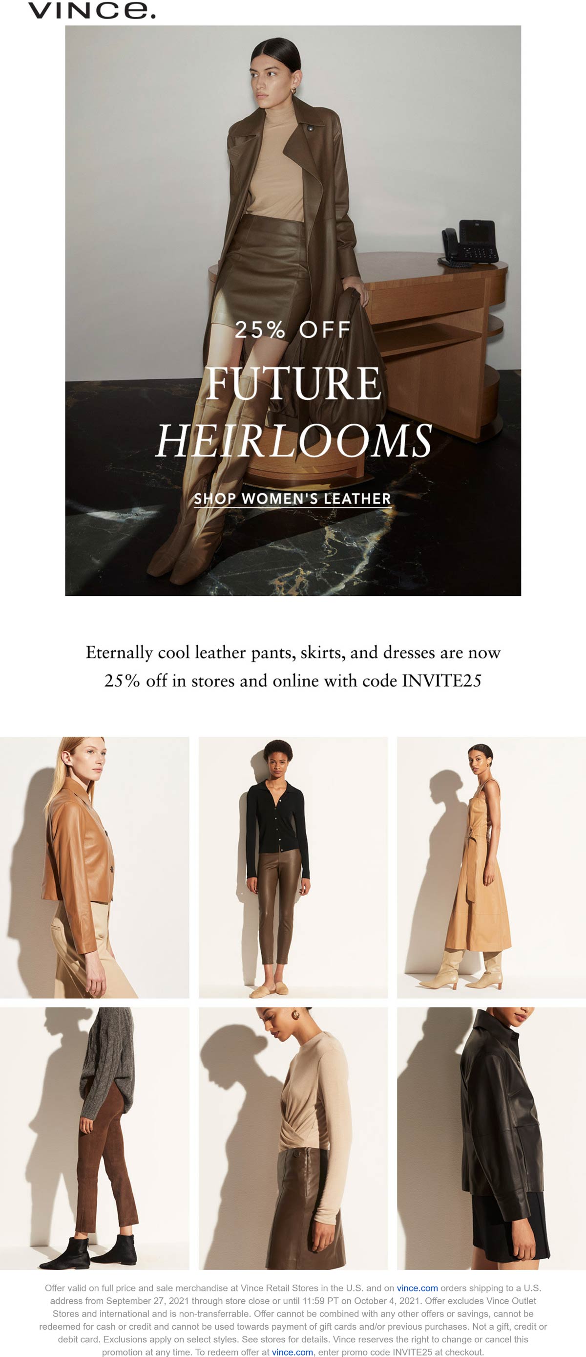Vince stores Coupon  25% off leather at Vince, or online via promo code INVITE25 #vince 