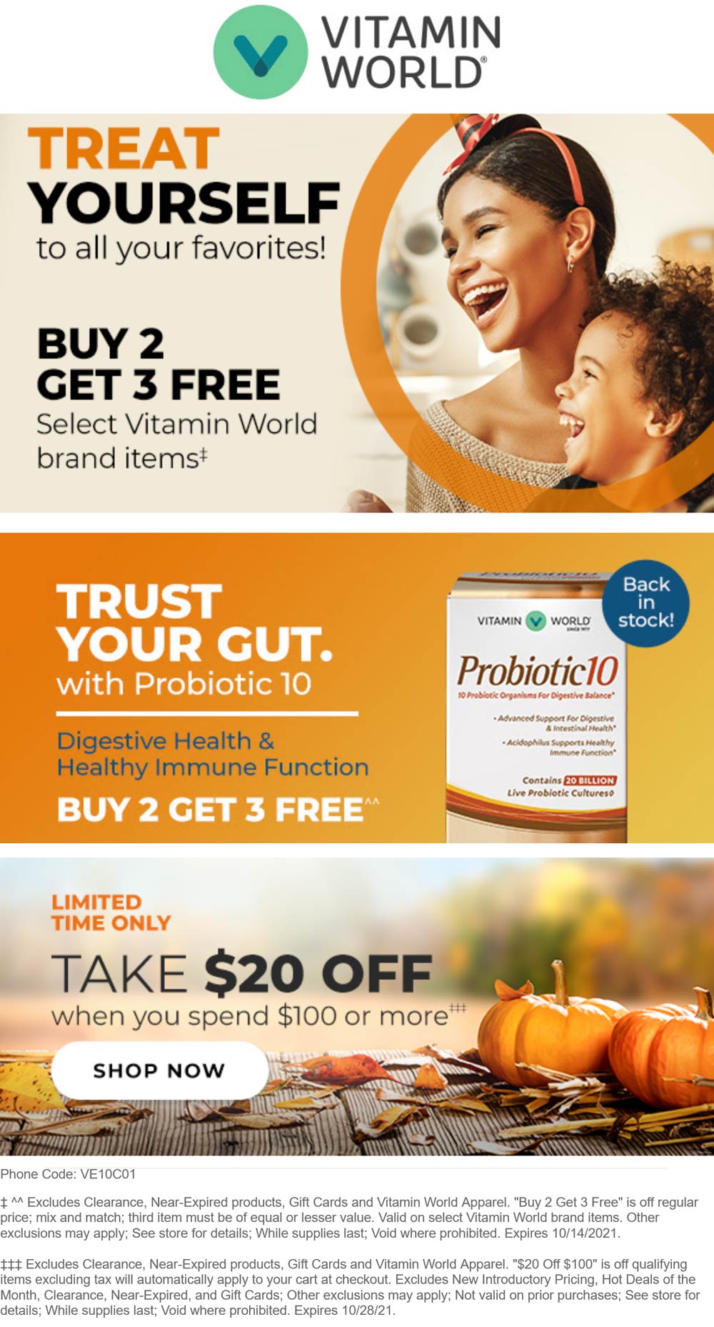 Vitamin World stores Coupon  5-for-2 on vitamins & $20 off $100 at Vitamin World, or online via promo code VE10C01 #vitaminworld 