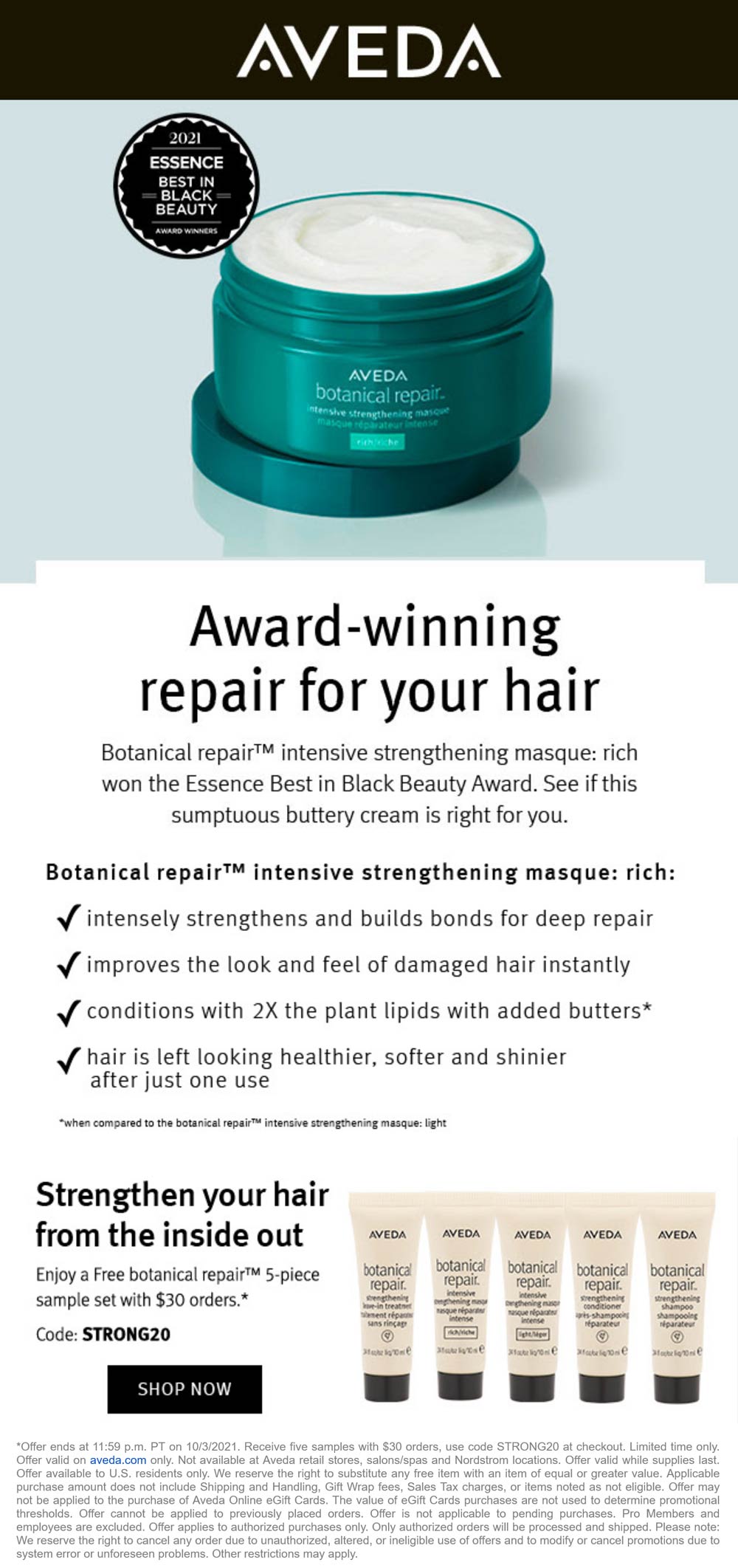Aveda stores Coupon  Free 5-piece set with $30 spent today at Aveda via promo code STRONG20 #aveda 