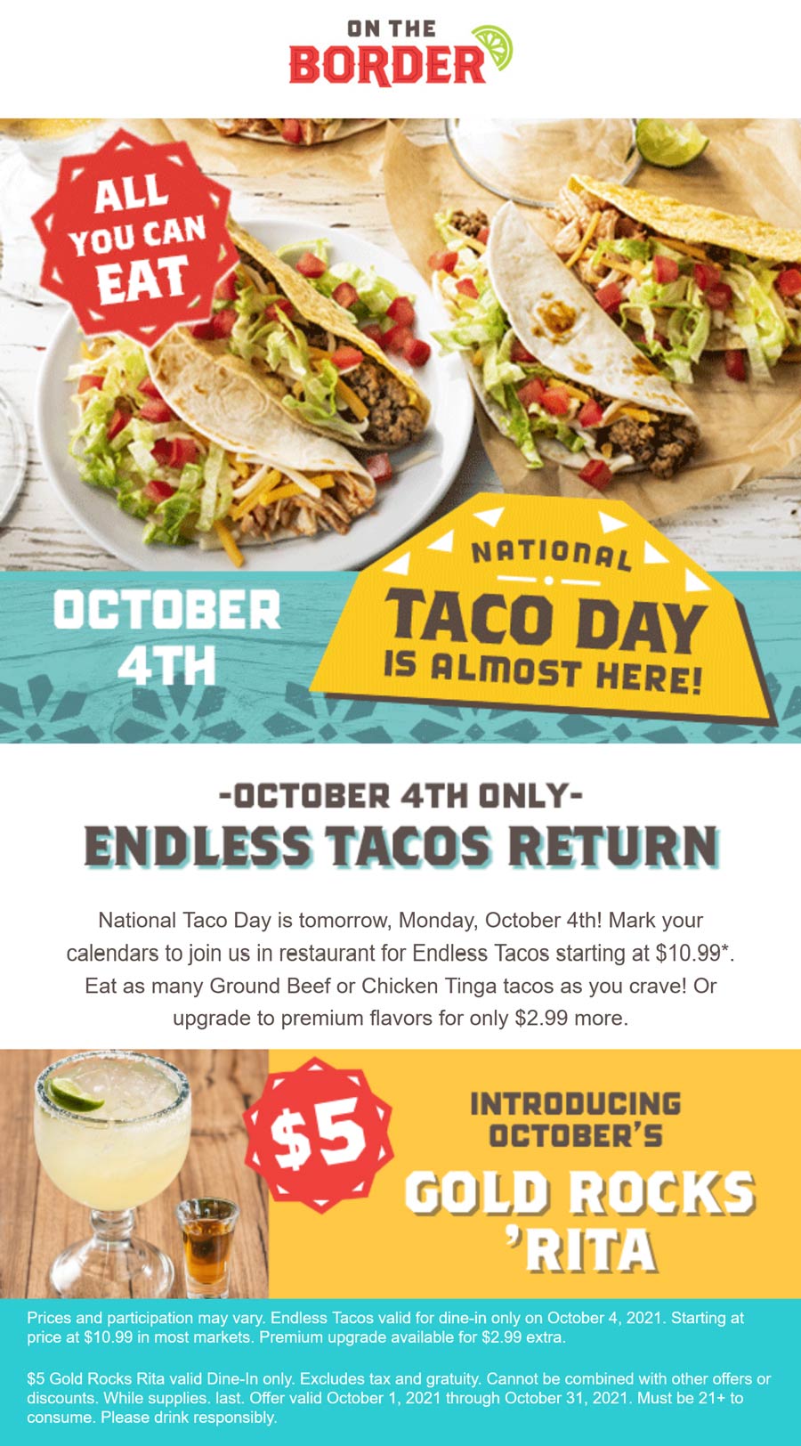On The Border restaurants Coupon  Endless tacos for $11 Monday at On The Border restaurants #ontheborder 