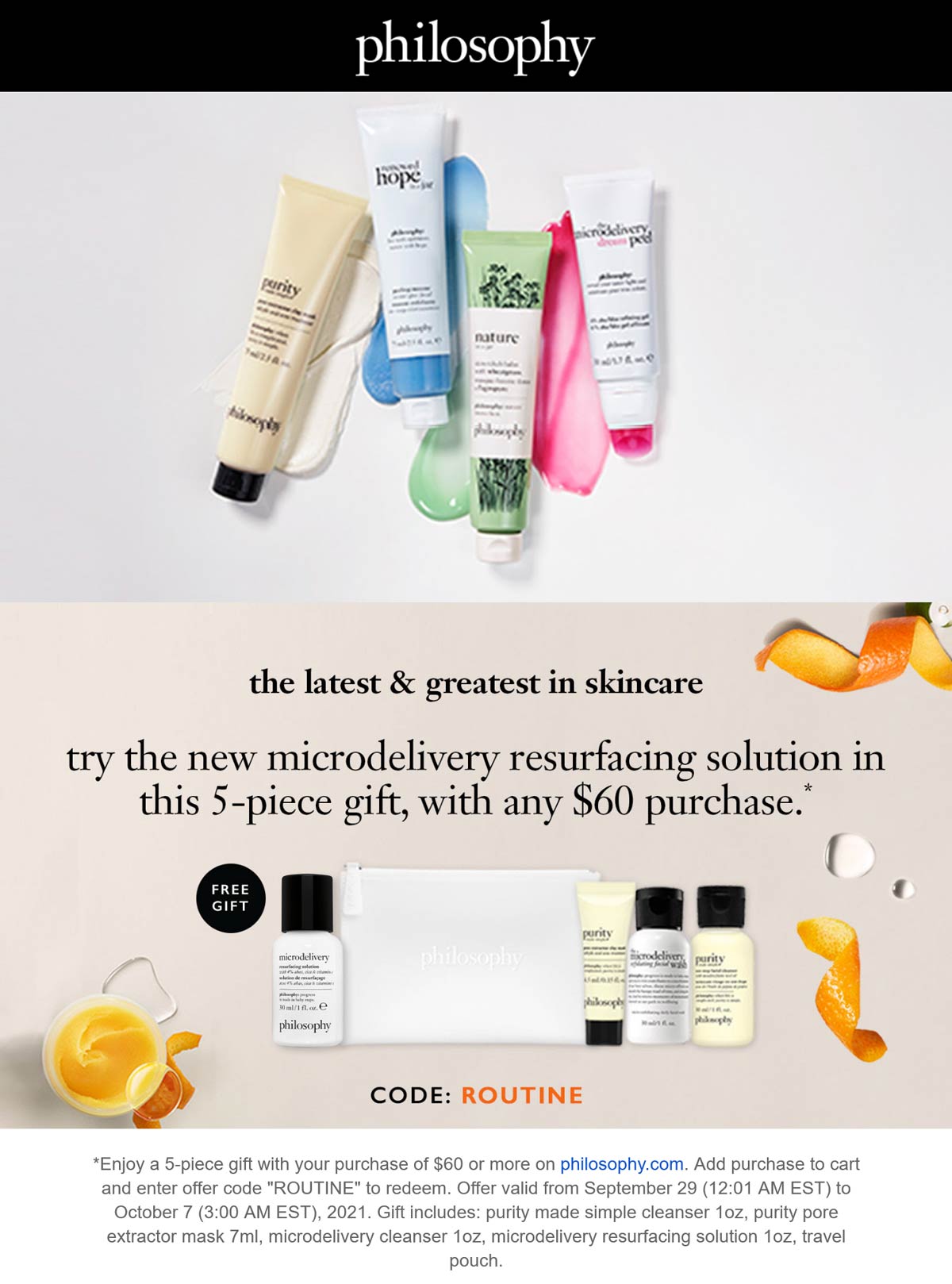 Philosophy stores Coupon  5-piece free with $60 spent at Philosophy via promo code ROUTINE #philosophy 