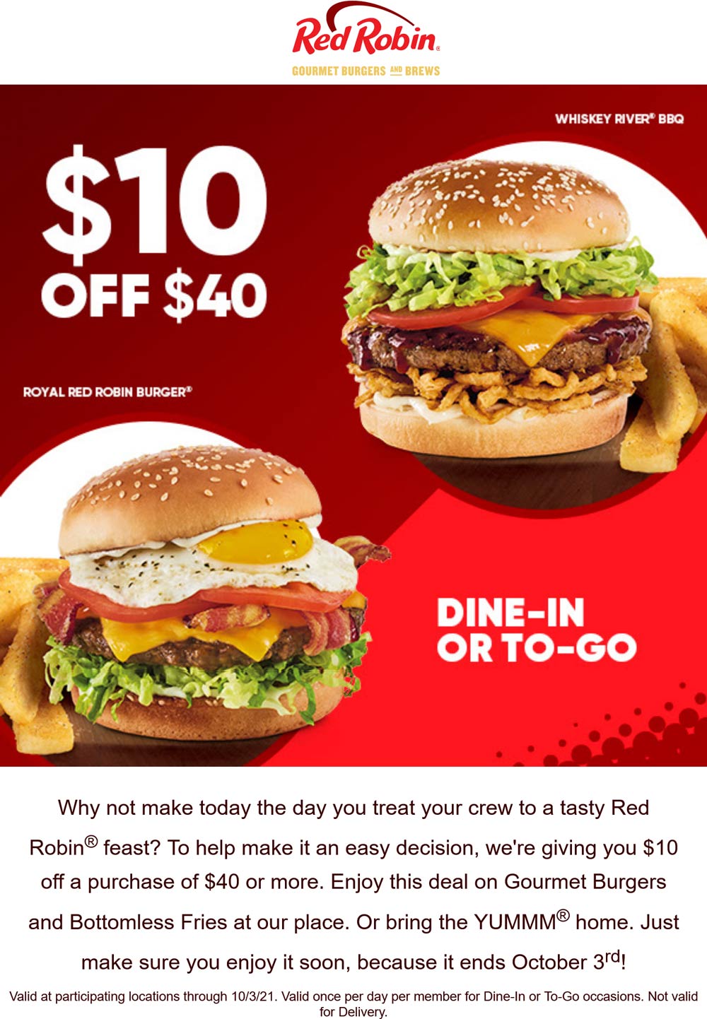 Red Robin restaurants Coupon  $10 off $40 today at Red Robin restaurants #redrobin 