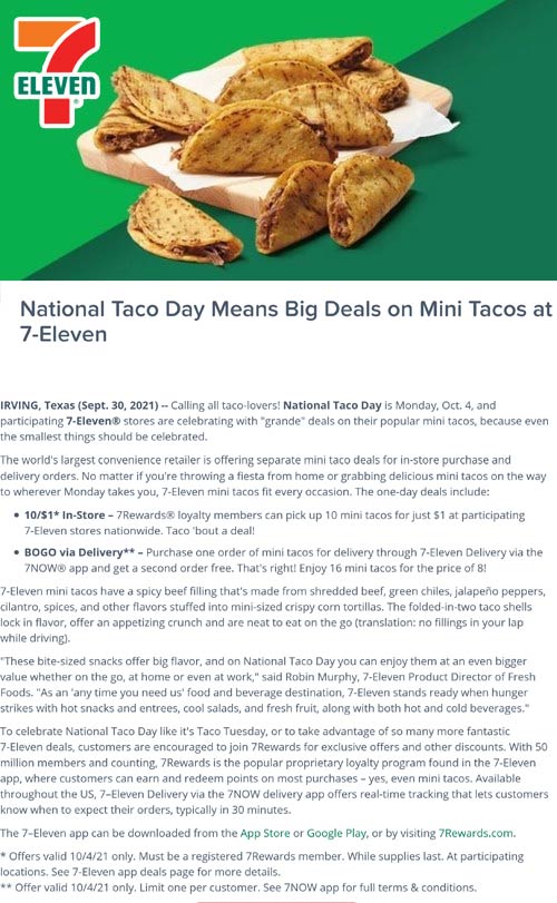 7-Eleven stores Coupon  10 mini tacos for $1 & more today at 7-Eleven #7eleven 