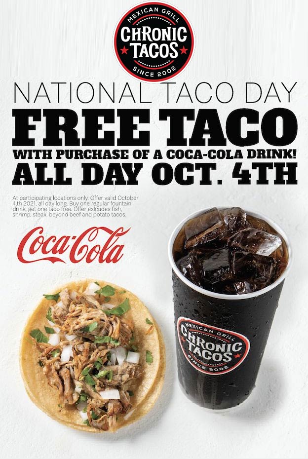 Chronic Tacos restaurants Coupon  Free taco with your drink today at Chronic Tacos #chronictacos 