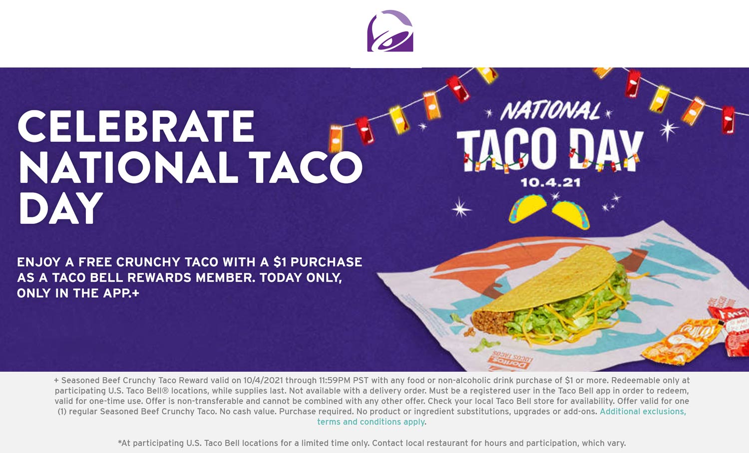 Taco Bell restaurants Coupon  Free taco with $1 spent mobile today at Taco Bell #tacobell 