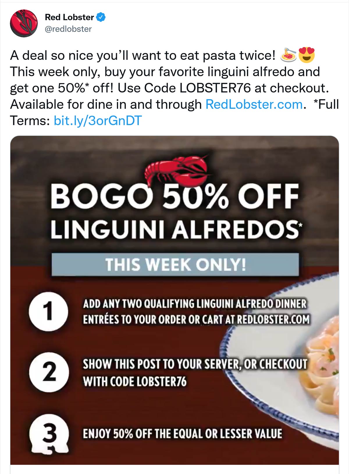 Red Lobster restaurants Coupon  Second linguini alfredo entree 50% off at Red Lobster, or as takeout via promo code LOBSTER76 #redlobster 