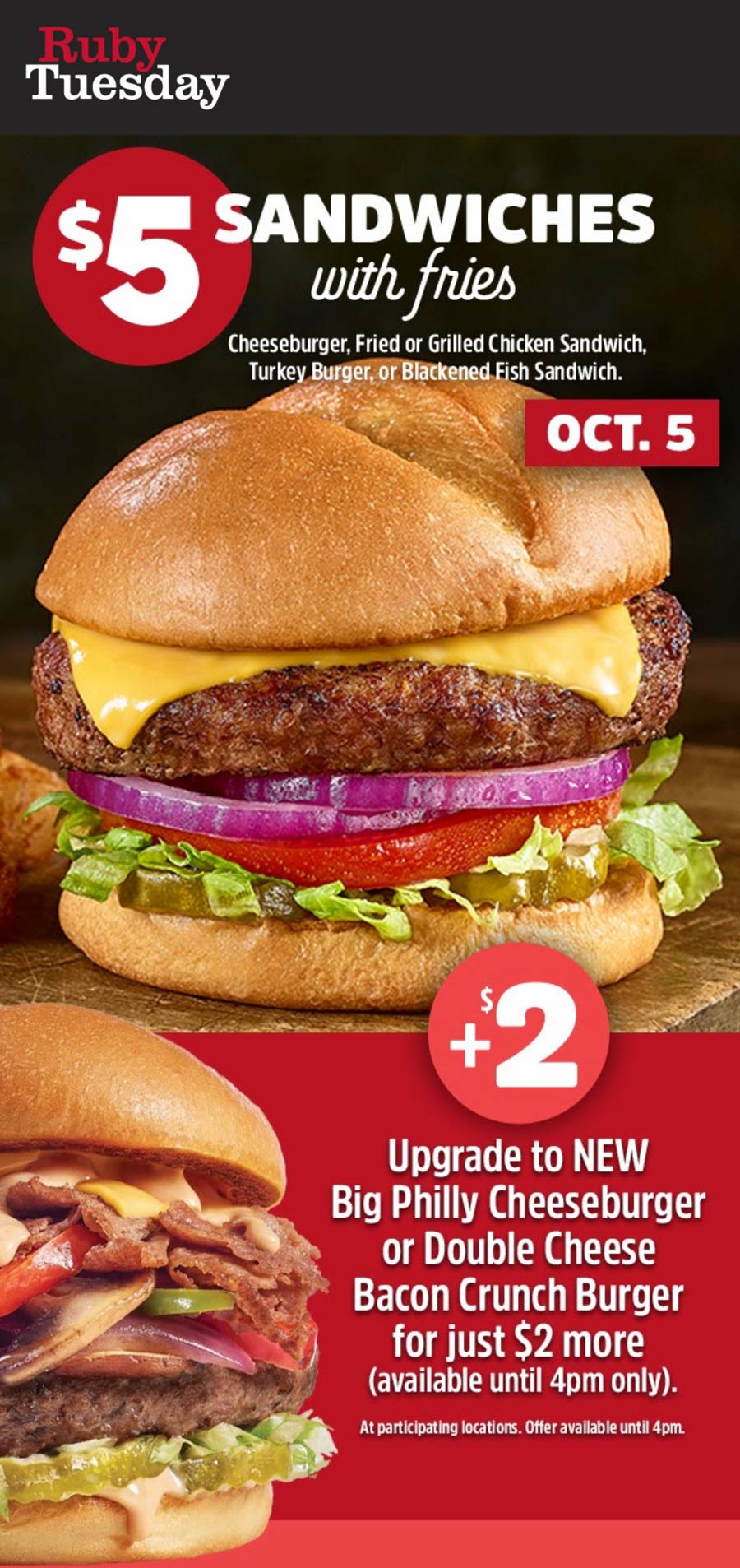 Ruby Tuesday restaurants Coupon  $5 cheeseburger chicken or fish sandwich + fries today at Ruby Tuesday #rubytuesday 