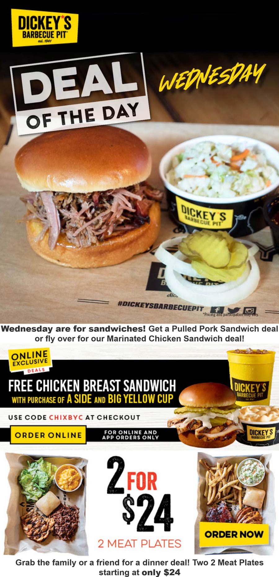 Dickeys Barbecue Pit restaurants Coupon  Free chicken sandwich with your side & cup today at Dickeys Barbecue Pit via promo code CHIXBYC #dickeysbarbecuepit 