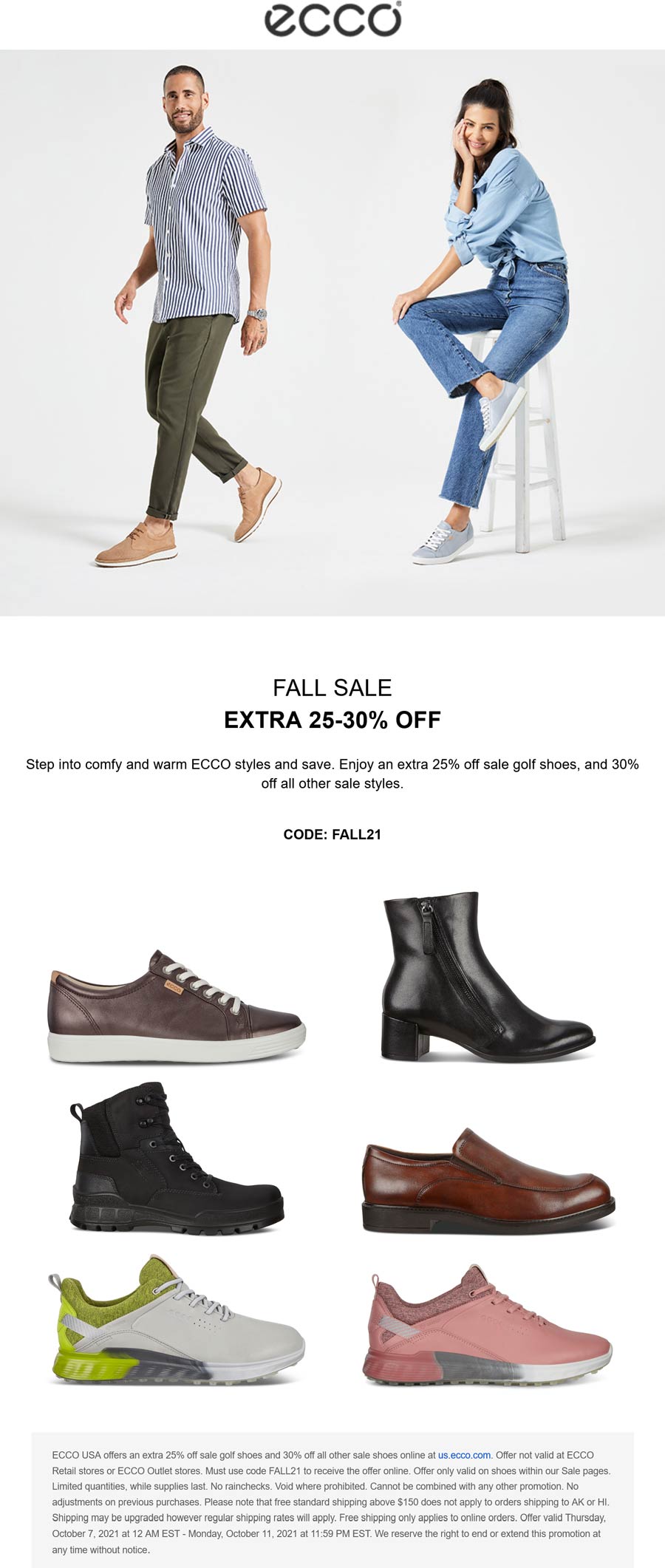 ECCO stores Coupon  Extra 25-30% off sale shoes at ECCO via promo code FALL21 #ecco 