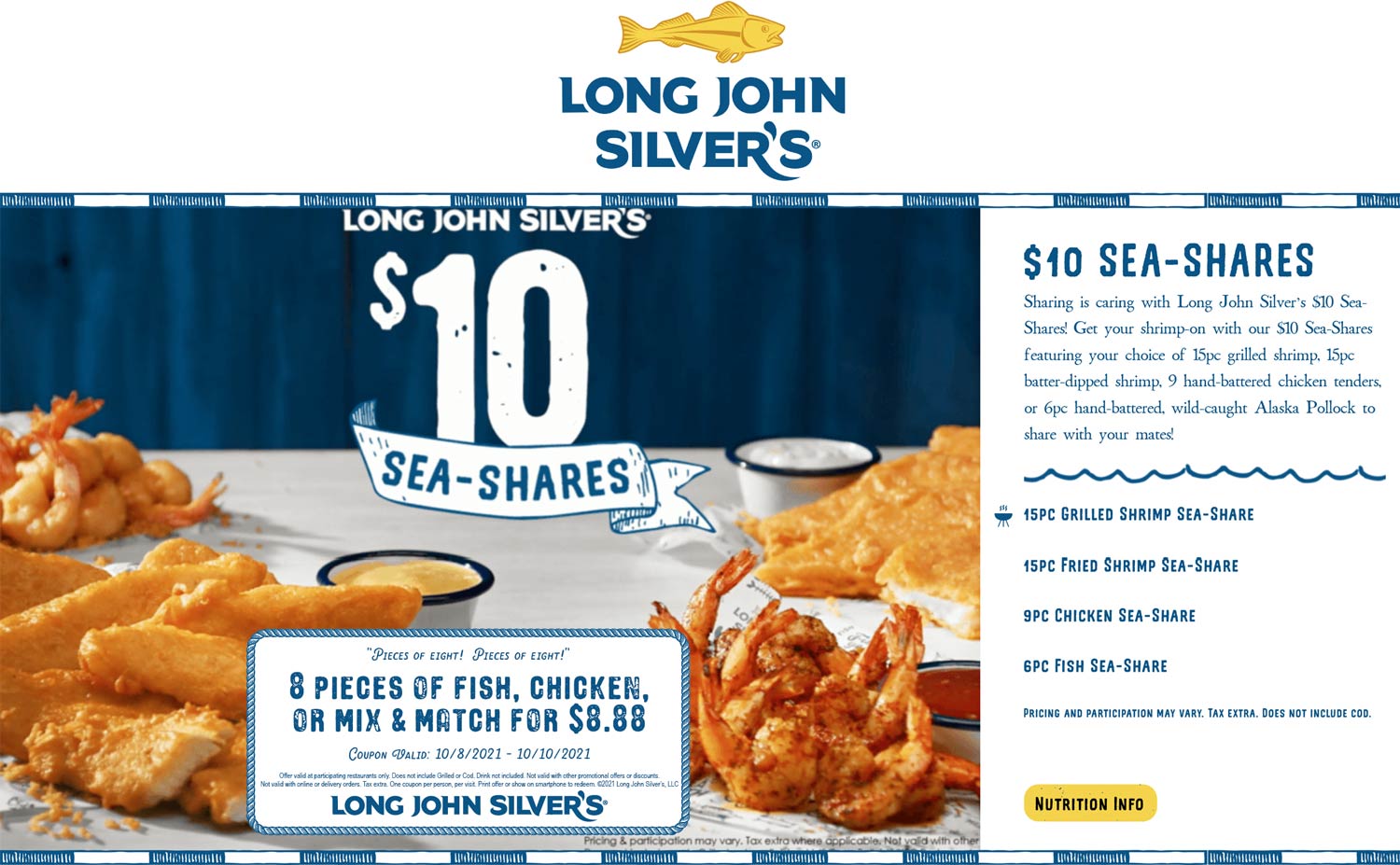 Long John Silvers restaurants Coupon  8pc mix & match fish and chicken = $8.88 & more at Long John Silvers #longjohnsilvers 