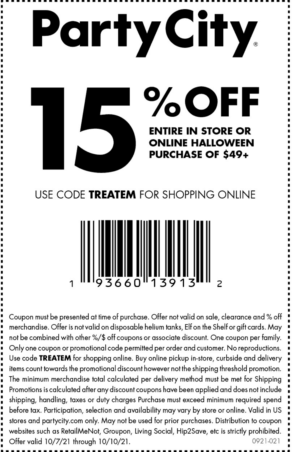 Party City stores Coupon  15% off $49 on Halloween at Party City, or online via promo code TREATEM #partycity 
