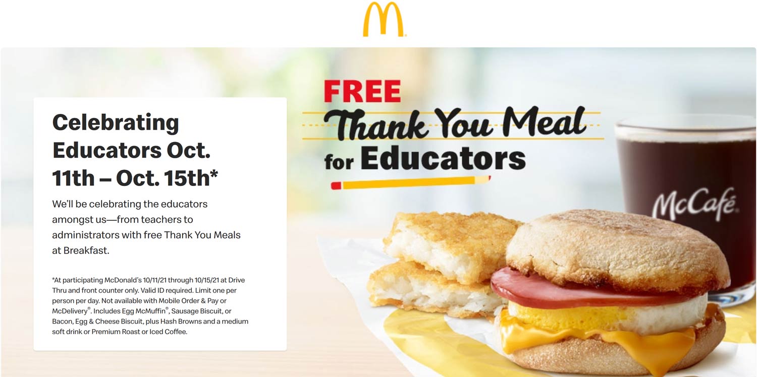 McDonalds restaurants Coupon  Educators enjoy free breakfast all week at McDonalds #mcdonalds 