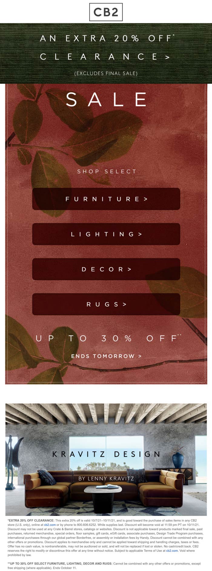 CB2 stores Coupon  Extra 20% off clearance & more at CB2, ditto online #cb2 