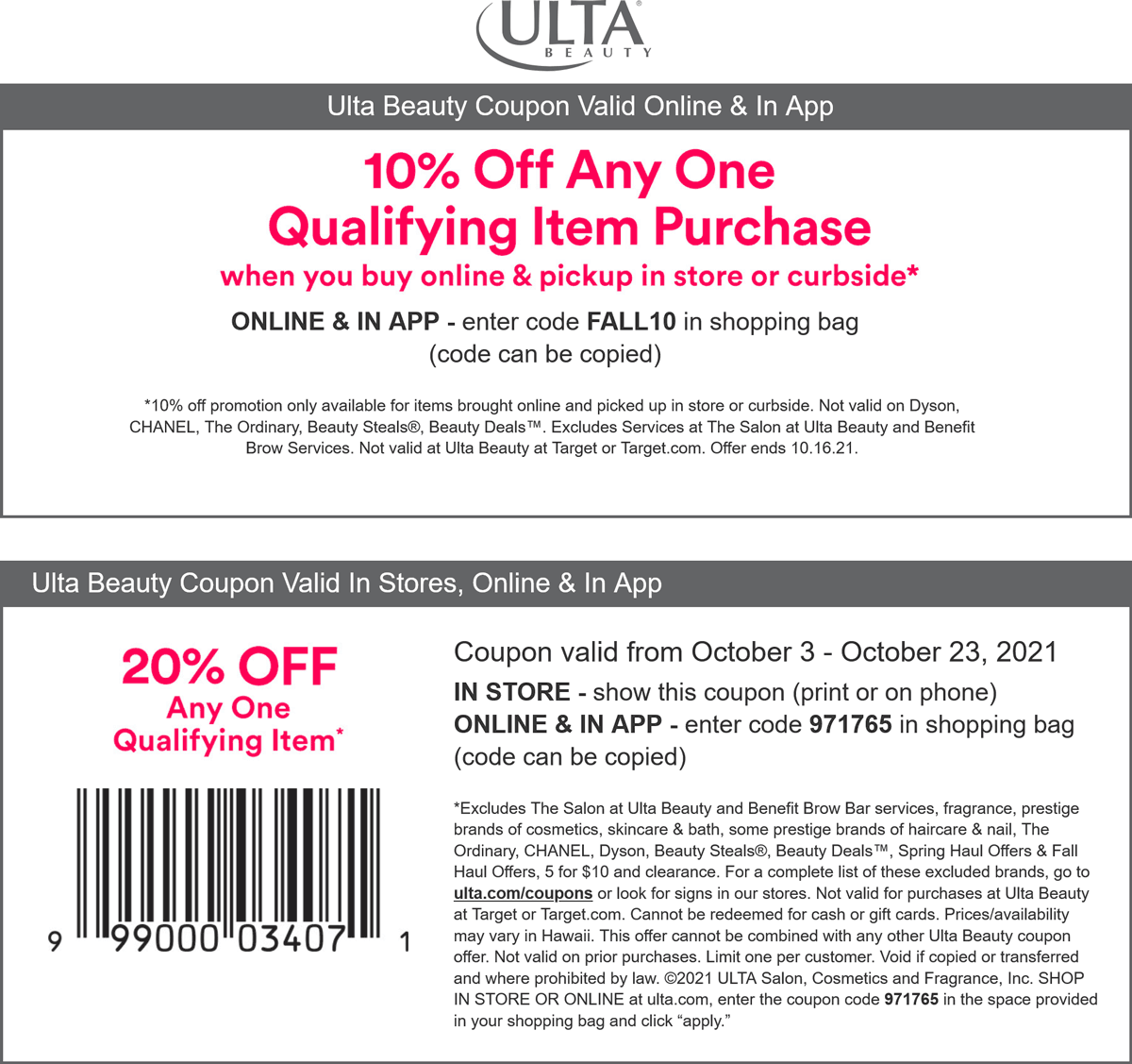 Ulta stores Coupon  20% off a single item at Ulta Beauty, or online via promo code 971765 #ulta 