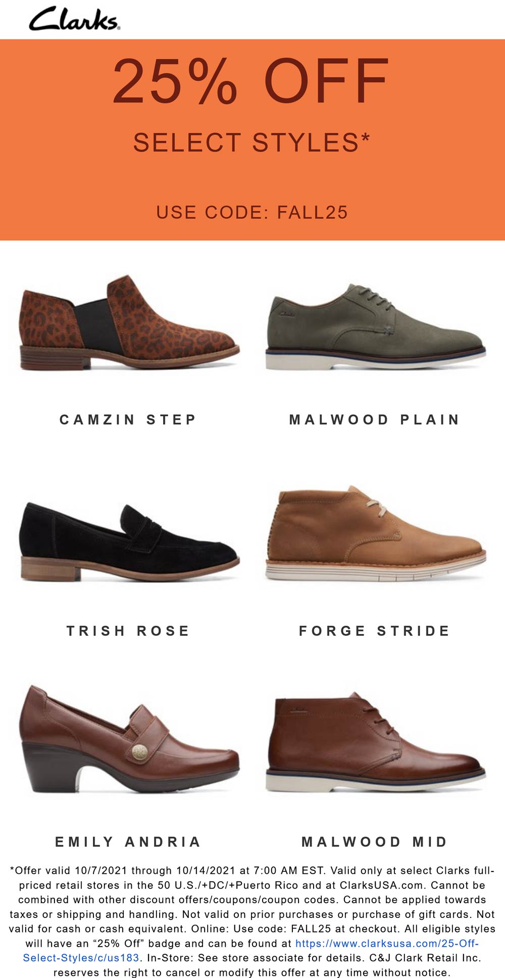 Clarks stores Coupon  25% off shoes at Clarks, or online via promo code FALL25 #clarks 